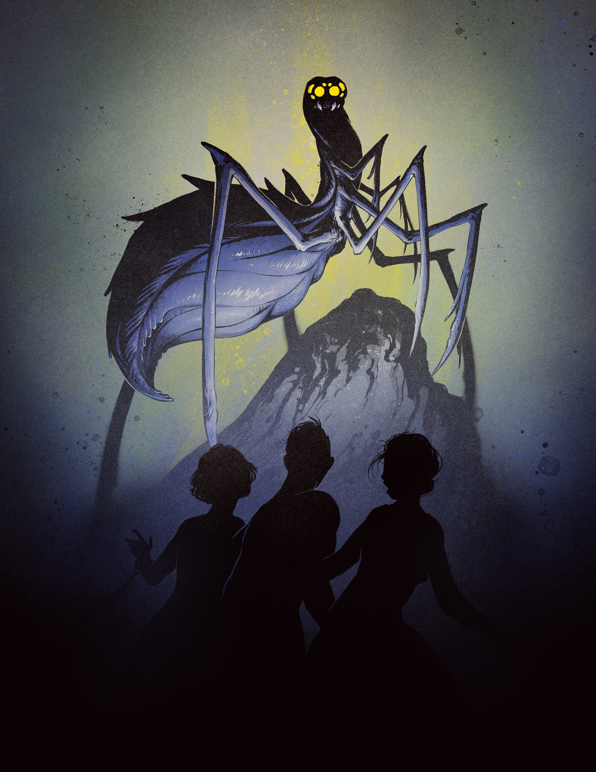A huge arachnid called a Kasat looms over the silhoutte of three humans. It is long and blue, lit from below and though its face is in shadow, its many golden eyes peer down at the humans below.